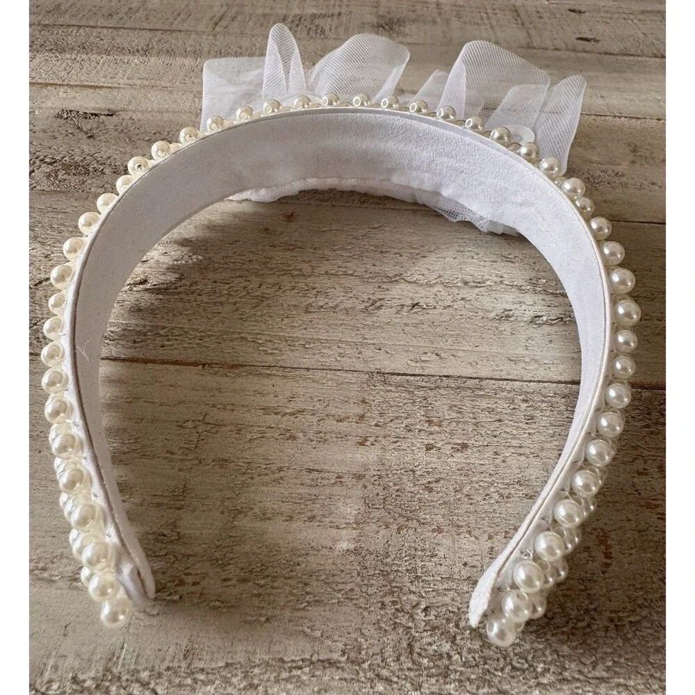 White Pearl Embellished Bridal Headband w/ Tulle Bride Decoration